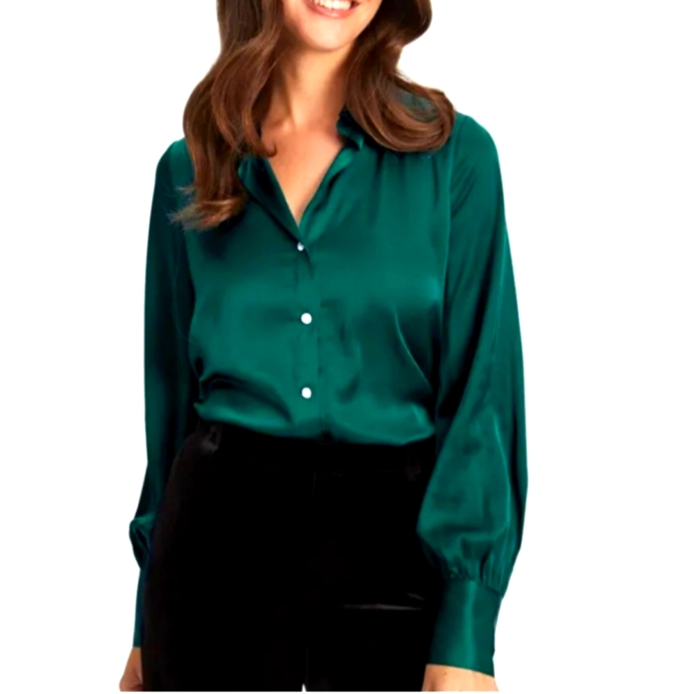 LAURA Satin Rhinestone Detail Blouse Emerald Green